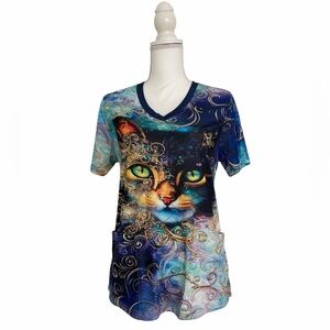 Colorful Cat Print V-Neck with Pockets Nursing Medical Scrub Top Women’s Medium